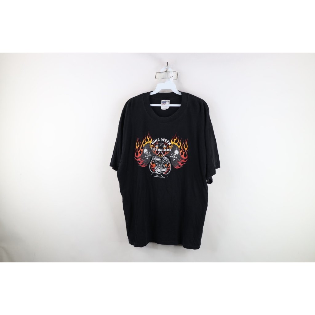 Vintage Y2k Mens Xl Faded 2004 Daytona Bike Week Skull Flames Motorcycle TShirt